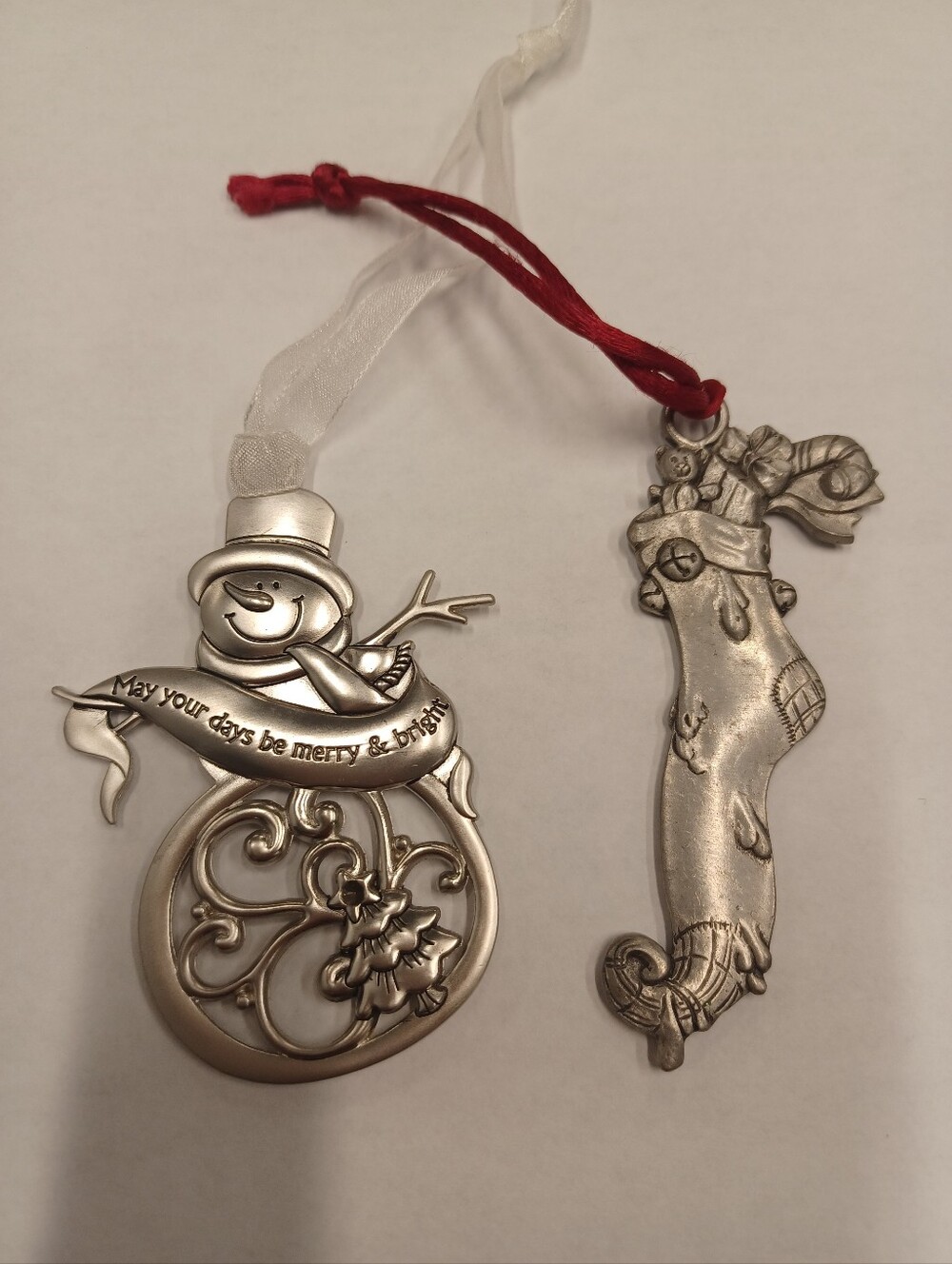 Vintage 1997 Pewter Stocking Holiday Tree Christmas Ornament + Snowman Decor